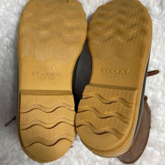 Kids Sperry two tone Duck lace up boots Brown faux leather and black rubber SZ2M - Picture 9 of 9